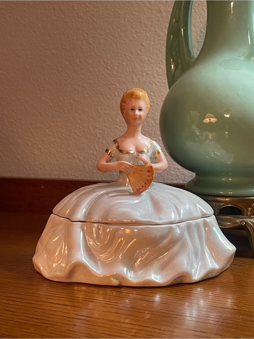 Vintage Victorian lady porcelain trinket powder jar half-doll dresser box marked
